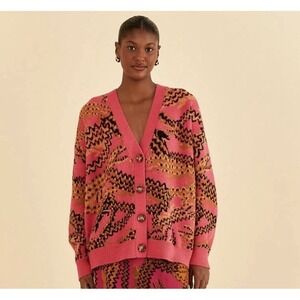 FARM RIO Croco Pink Knit V Neck Cardigan Sweater Oversized Abstract Size SMALL